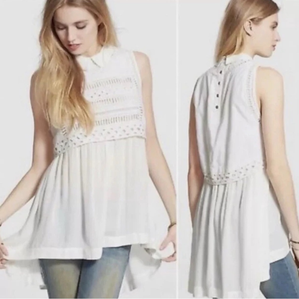 Free People Twice As Nice Collared Lace Shell Tunic White Small